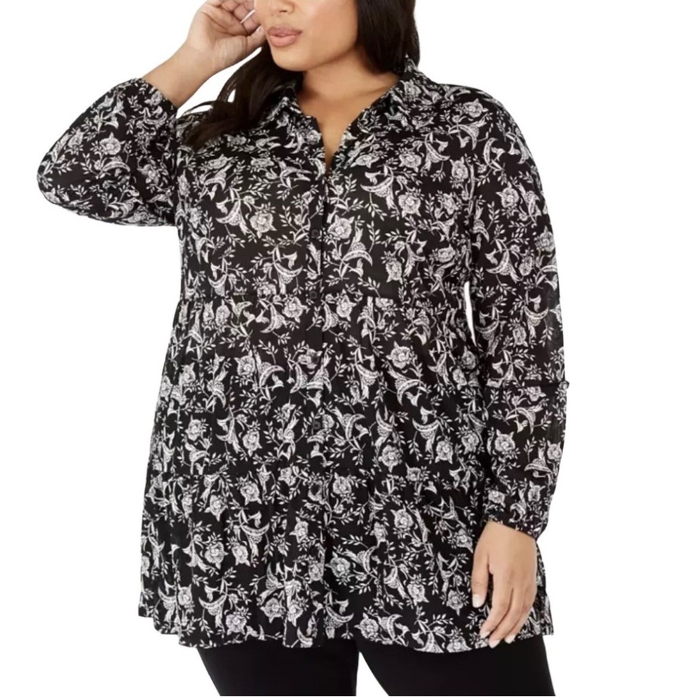 Black and White Abstract Floral Button Down Tunic Shirt 3/4 Sleeve Top‎ #799